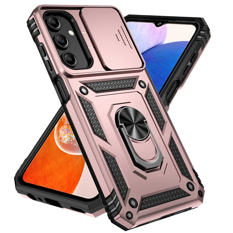 Slide Camera Lens Military Grade Armor Case For Samsung Galaxy A15 A25 A35 A55 5G Phone Holder Ring Stand Cover - My Store