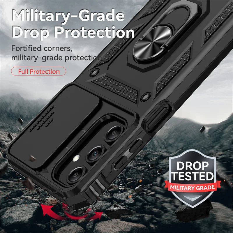 Slide Camera Lens Military Grade Armor Case For Samsung Galaxy A15 A25 A35 A55 5G Phone Holder Ring Stand Cover - My Store