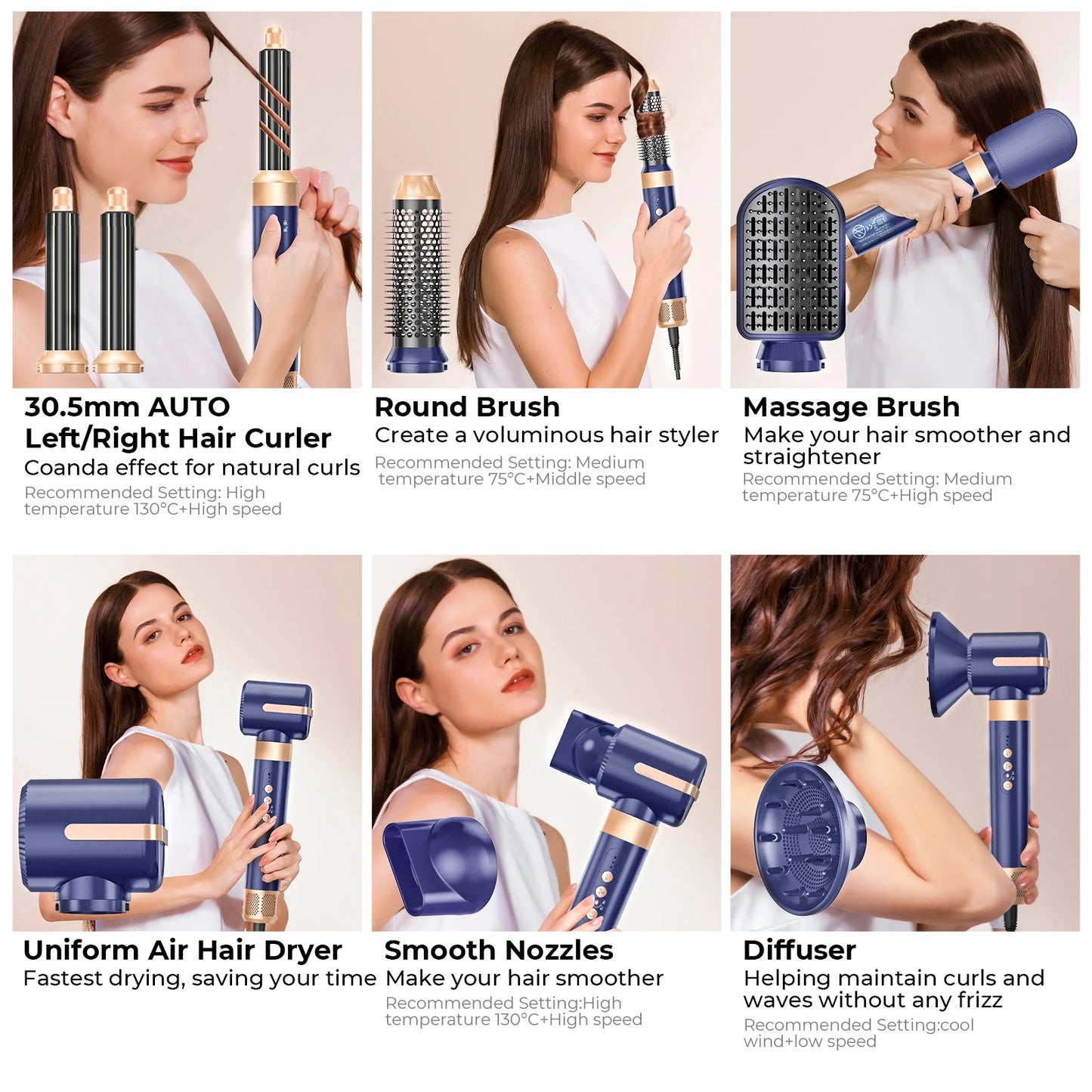 7 In 1 Hair Dryer Brush Brushless High Speed Hair Dryer with Diffuser Ionic Blow Dryer Hot Air Styling Comb Auto Hair Curler - My Store