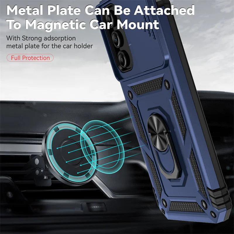Slide Camera Lens Military Grade Armor Case For Samsung Galaxy A15 A25 A35 A55 5G Phone Holder Ring Stand Cover - My Store