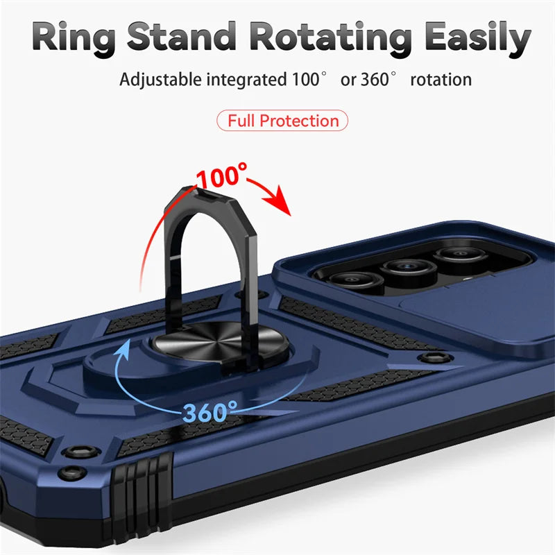 Slide Camera Lens Military Grade Armor Case For Samsung Galaxy A15 A25 A35 A55 5G Phone Holder Ring Stand Cover - My Store