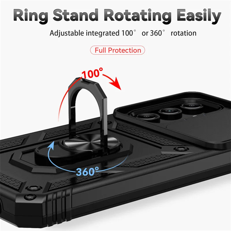 Slide Camera Lens Military Grade Armor Case For Samsung Galaxy A15 A25 A35 A55 5G Phone Holder Ring Stand Cover - My Store