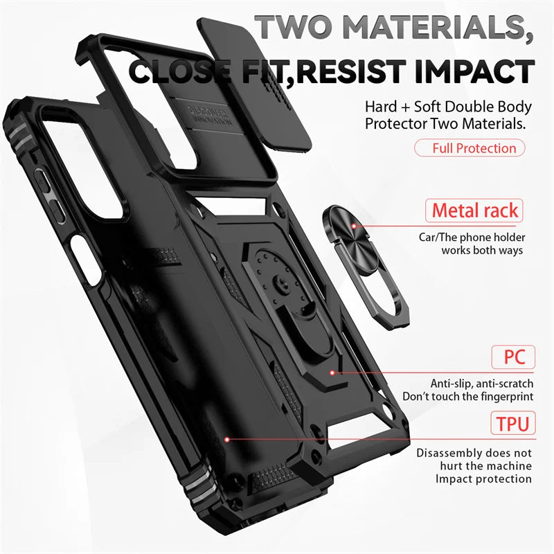 Slide Camera Lens Military Grade Armor Case For Samsung Galaxy A15 A25 A35 A55 5G Phone Holder Ring Stand Cover - My Store