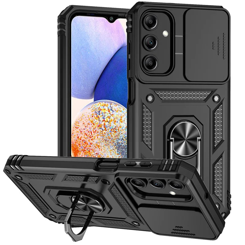Slide Camera Lens Military Grade Armor Case For Samsung Galaxy A15 A25 A35 A55 5G Phone Holder Ring Stand Cover - My Store
