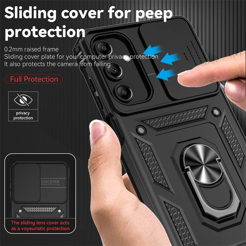 Slide Camera Lens Military Grade Armor Case For Samsung Galaxy A15 A25 A35 A55 5G Phone Holder Ring Stand Cover - My Store