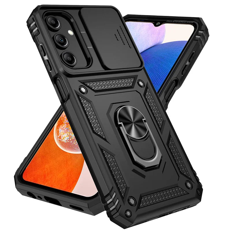 Slide Camera Lens Military Grade Armor Case For Samsung Galaxy A15 A25 A35 A55 5G Phone Holder Ring Stand Cover - My Store