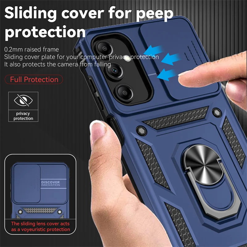 Slide Camera Lens Military Grade Armor Case For Samsung Galaxy A15 A25 A35 A55 5G Phone Holder Ring Stand Cover - My Store
