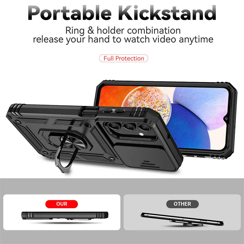 Slide Camera Lens Military Grade Armor Case For Samsung Galaxy A15 A25 A35 A55 5G Phone Holder Ring Stand Cover - My Store