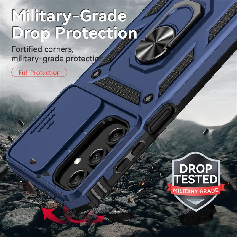 Slide Camera Lens Military Grade Armor Case For Samsung Galaxy A15 A25 A35 A55 5G Phone Holder Ring Stand Cover - My Store